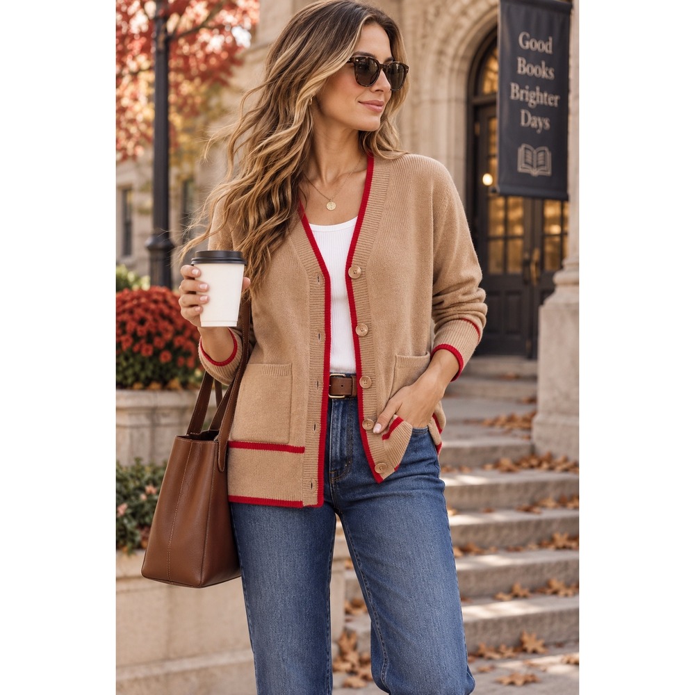 Dokotoo Preppy Coastal Old Money Minimalist Luxe Clean Tan Red Cardigan Sz M